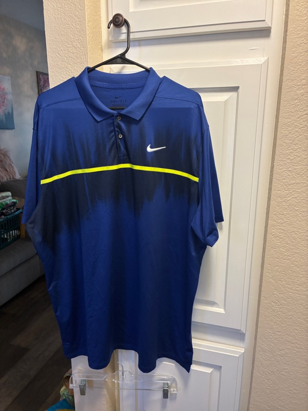 Nike Men’s dri fit Blue short sleeve Polo with Neon Yellow Stripe